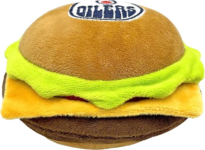 Pets First NHL Edmonton Oilers Crinkle Fine Plush Dog & Cat Squeak Toy - Cutest STADIUM HAMBURGER Plush Toy for Dogs & Cats with INNER SQUEAKER & Beautiful Hockey Team Name/Logo