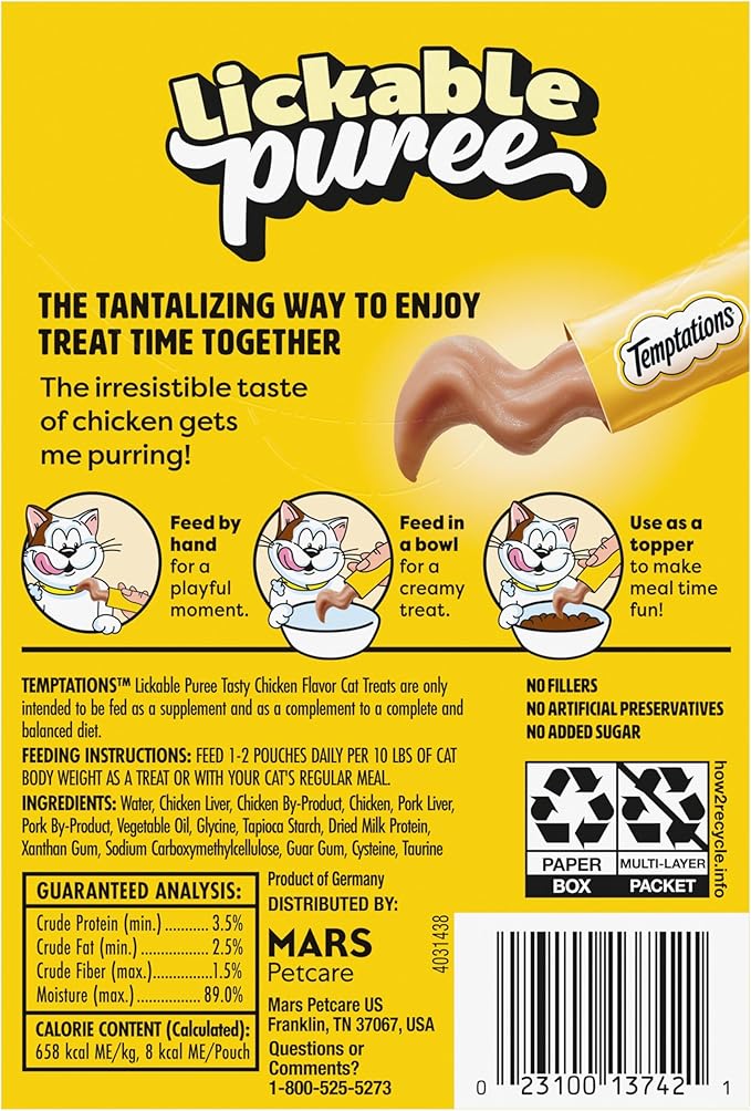 Temptations Creamy Puree Squeezable Lickable Wet Cat Treat with Chicken, 0.42 oz. Tubes, 4 Count