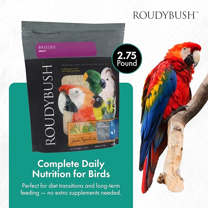 Roudybush Breeder Food for Breeding & Weaning Birds - Scientifically Formulated Bird Feed - Bird Food Pellets w/ Corn, Wheat, Soy & More - Nutritious & Healthy Feed for Birds (Nible, 44oz)