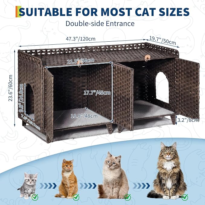 Double Litter Box Enclosure for 2 Cats - Rattan Hidden Cat Furniture with Litter Mat 2 Hooks & Doors, Large Cat House for 2 Litter Boxes, Easy Clean, 47.2" l x 19.7" w x 23.6" h Brown