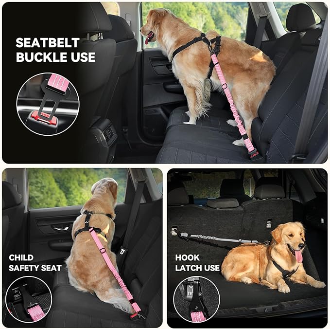 Pawaboo 2Pack Dog Seatbelt for Car, 3-in-1 Dog Car Seat Belt, Shockproof Dogs Tether with Buckle & Hook Latch, Adjustable Reflective Dogs Cars Leash with 360° Lockable Buckle, Light Pink + Black