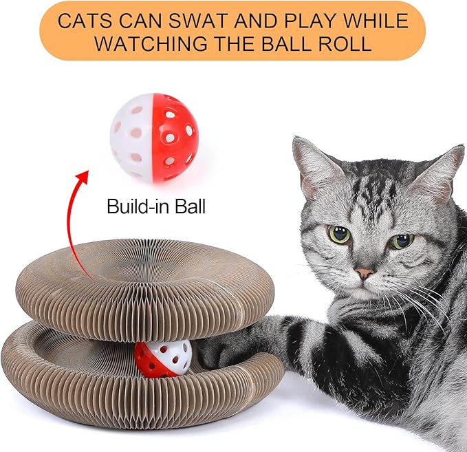 Magic Organ Cat Scratching Board, Interactive Scratch Pad with a Ball, Cat Scratcher for Grinding Claw, Recyclable and Durable, Furniture Protector, Retractable, Brown, Reversible