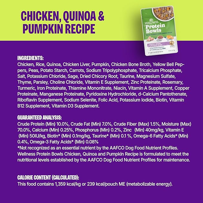 Wellness Protein Bowls Adult Wet Dog Food, Fresh Alternative, Wholesome Grains, Natural, Chicken, Quinoa, and Pumpkin Recipe, 6.2 oz, Pack of 6 Pouches