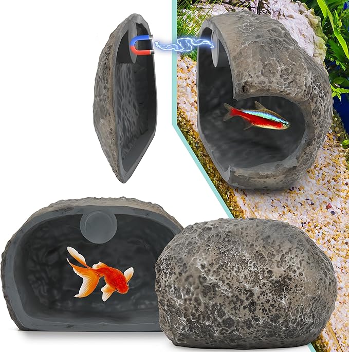 Upgraded Magnetic Detachable Aquarium Hideaway Rock Cave to Check Your Aquatic Pets to Breed, Play and Rest Safe and Non-Toxic Resin Fish Tank Viewing Hideout Ornaments
