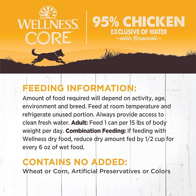 Wellness CORE 95% Adult Canned Wet Dog Food, Grain Free, Natural, Chicken and Broccoli Recipe, 12.5 oz, Pack of 12 Cans
