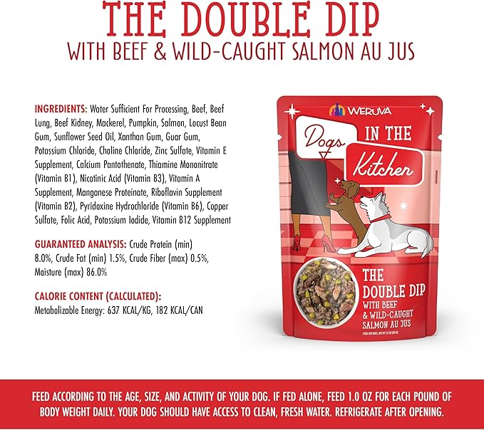 Weruva Dogs in the Kitchen, The Double Dip with Beef & Wild-Caught Salmon Au Jus Dog Food, 2.8oz Pouch (Pack of 12), Red