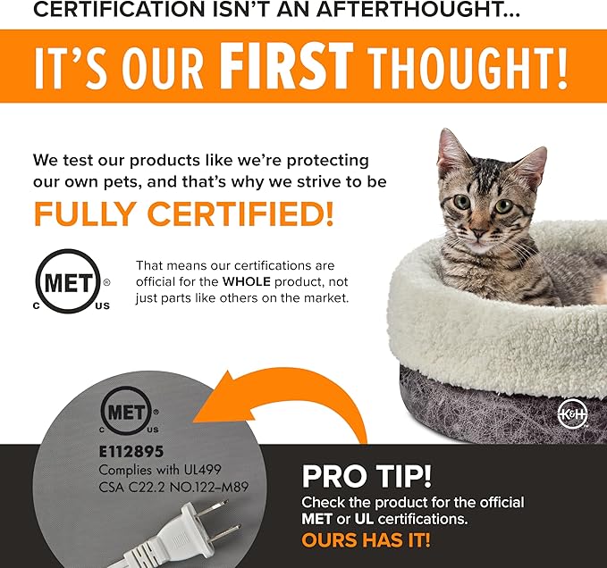 K&H Heated Cat Lap Bed - Indoor Thermo Pet Pillow Orthopedic Bolstered Lap Bed with Removable Waterproof Cat Heating Pad, Indoor Warming Couch Bed, Machine Washable, MET Listed - 23" x 15"