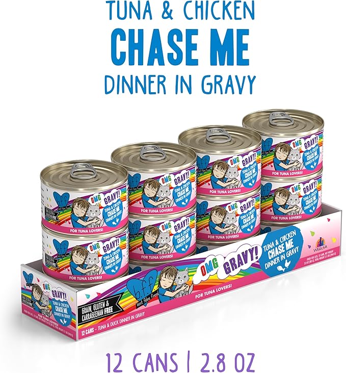 Weruva B.F.F. OMG - Best Feline Friend Oh My Gravy!, Tuna & Chicken Chase Me with Tuna & Chicken, 2.8oz Can (Pack of 12)