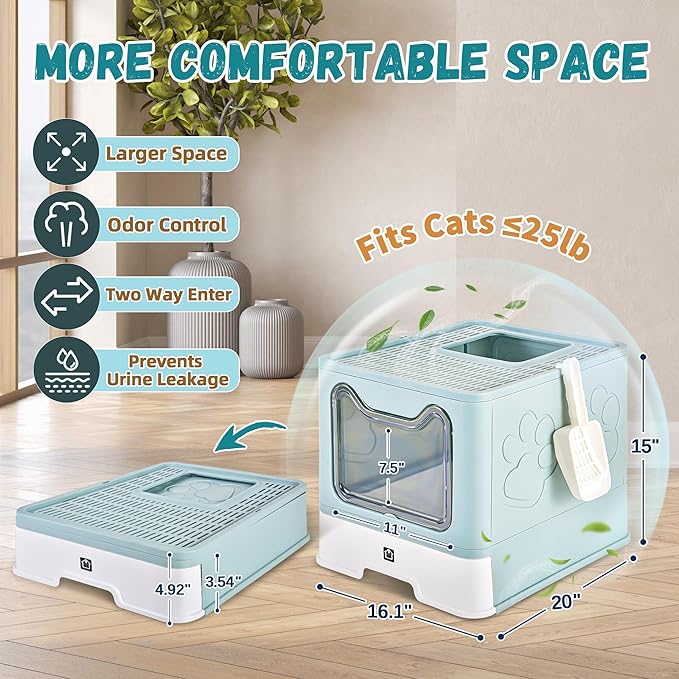 Cat Litter Box with Litter Mat, Foldable Extra Large Free in and Out/One-Way with Lid, Drawer Type Enclosed Kitty Litter Box,Odor Control Anti-Splashing Easy Cleaning (Light Blue)