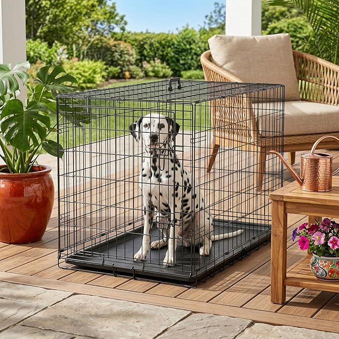 FDW Dog Crate 48-Inch Dog Cage Foldable Metal Kennel with Leakproof Tray Foldable Design Indoor Outdoor Use for XL Large Dogs,Dark Black