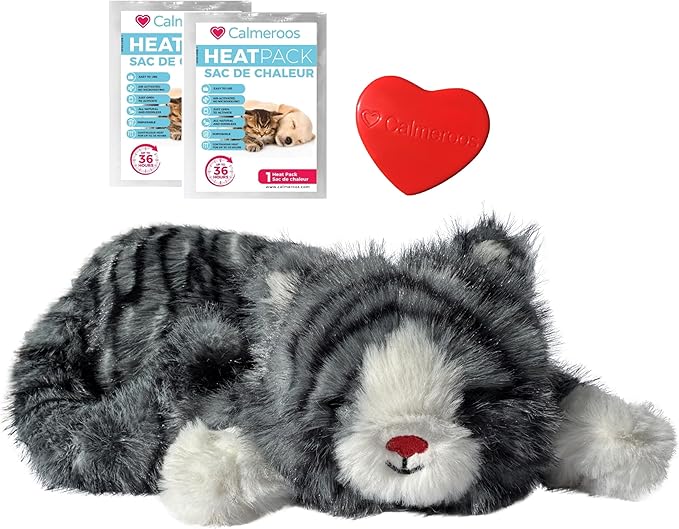 Plush Heartbeat Toy - Calming Anxiety Relief Toys for Puppies and Kittens - Heartbeat in a Soft Comforting Pet Plush for Dogs and Cats (Grey Stripe)