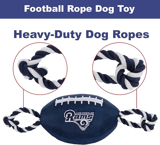 Pets First NFL Los Angeles Rams Football Dog Toy, Tough Quality Nylon Materials, Strong Pull Ropes, Inner Squeaker, NFL Team Color