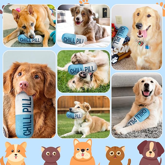 CUweipeng Squeaky Dog Chew Toy - Blue Chill Pill Capsule Teething Funny Small Dog Squeaky Soft Plush Pet Toy Bite Kick Indoor Interactive Training Play Present Pet Lover Gift Photo Prop Keep Them Busy