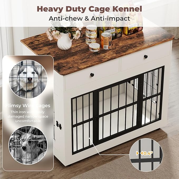 40 inch Dog Crate Furniture-Farmhouse Dog Kennel with Drawers-Heavy Duty End Table Wooden Pet Crate, Decorative Dog House Indoor for Small Medium Large Dog, White