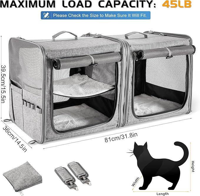 Large Cat Carrier for 2 Cats with Zipper Locks, Double Cat Carrier with Travel Litter Box, Soft Pet Travel Carrier for Cats and Small Dogs Up to 45 Lbs, Gray
