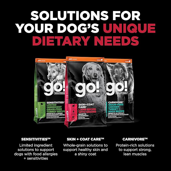 Go! Solutions Skin + Coat Care Lamb Dry Dog Food with Grains, Chicken-Free, Healthy Kibble with Omega-3s & 6s for Soft, Shiny Fur, for Puppies, Adults, & Seniors, 12 lb Bag