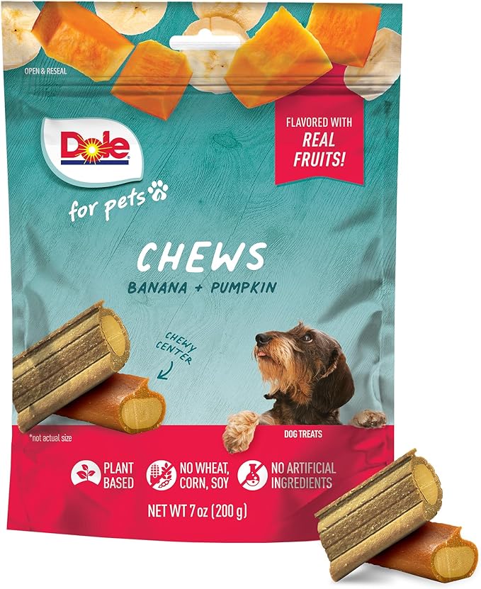 Dole for Pets Freshly Fetched Dog Chews with Banana and Pumpkin Flavor, No Wheat Corn Soy Artificial Flavors Colors or Preservatives, Chewy Center Firm Texture, 7.5 Oz