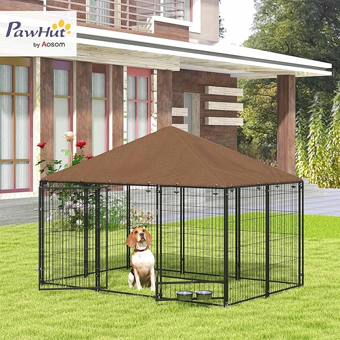 PawHut Outside Dog Kennel, 6.9' x 4.6' x 5' Puppy Play Pen w/Canopy, Secure Lock, Heavy Duty Welded Wire Steel, Rotating Bowl, Garden Playpen Fence Crate Enclosure Cage for Dogs Chickens Ducks, Black
