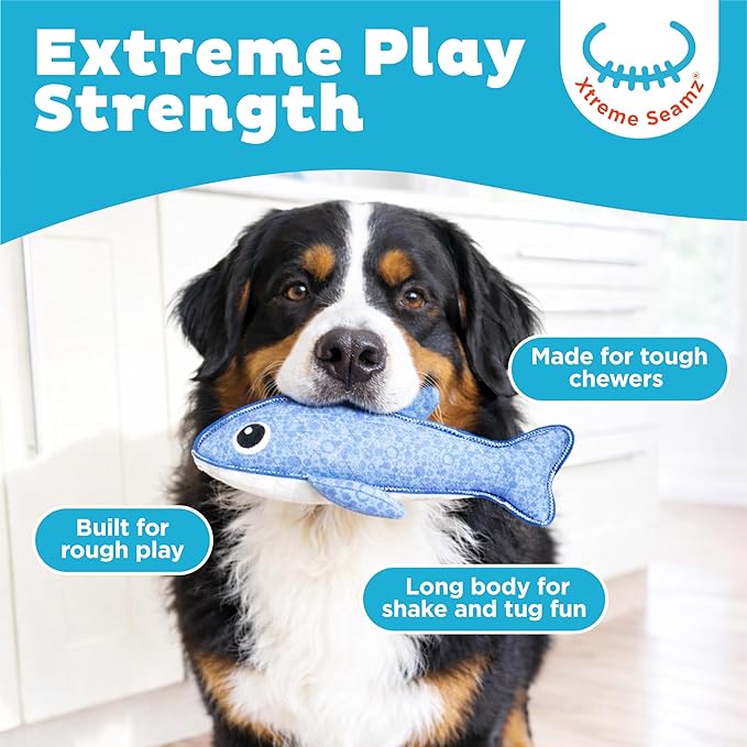 Outward Hound Xtreme Seamz Dog Toy, Reinforced Seams & Multiple Stitching, Durable Plush with Squeakers, Shark, 12.5”