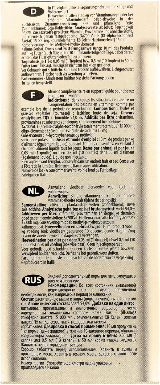 Raff Liquid Vitamin-E Supplement for Birds, Sunflower Oils and Fats, Raw Soy Lecithin, Vitamin for Bird, Accessories for Pigeons, Food for Canary, Fertility for Birds, Finch, breeding Bird.200ml