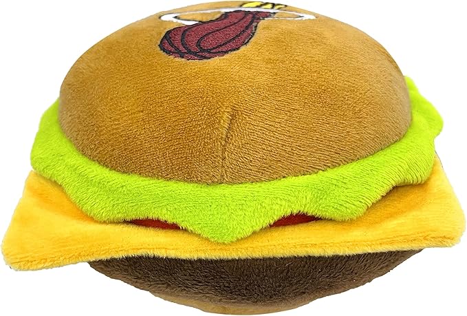 Pets First NBA Miami Heats Cheese Burger Plush Dog & CAT Squeak Toy - Cutest Stadium HAMBERGER Snack Plush Toy for Dogs & Cats with Inner Squeaker & Beautiful Basketball Team Name/Logo, Team Color