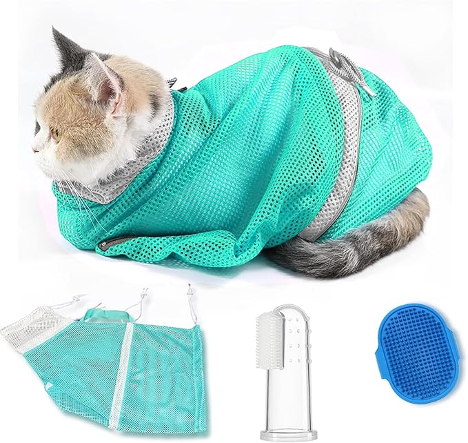 Adjustable Multifunctional Anti-Bite Shower Net, Cat Grooming Mesh Bag, Cat Bath Brush and Pet Finger Toothbrush (B-Green)