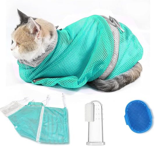 Adjustable Multifunctional Anti-Bite Shower Net, Cat Grooming Mesh Bag, Cat Bath Brush and Pet Finger Toothbrush (B-Green)
