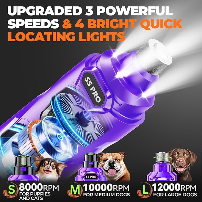 Whisper Quiet Dog Nail Grinder with 4 LED Lights, Safe & Stress-Free for Sensitive Dogs of All Breeds & Sizes, 3 Grinding Bits, 3-Speed, Pet Nail Trimmers, Rechargeable Painless Grooming Kit Purple