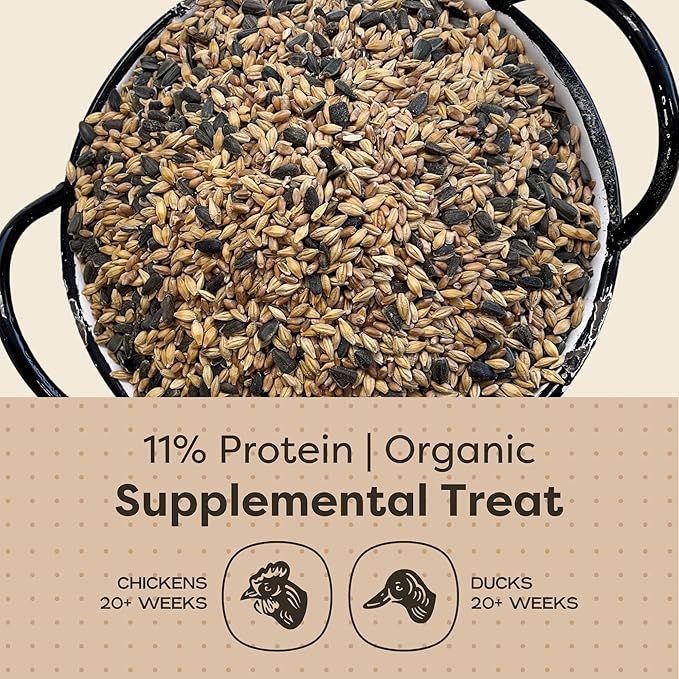 Scratch and Peck Scratch + Seeds Chicken and Duck Treat - 25 lbs Bag - 11% Protein, Certified Organic and Non-GMO Project Verified Chicken Food