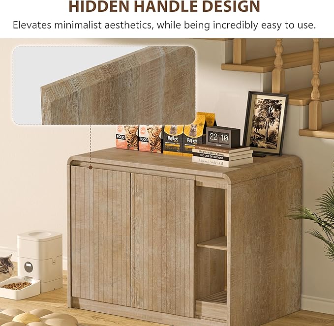 Cat Litter Box Enclosure for Automatic Litter Box, Litter Box Enclosure with Litter Collector and Power Outlet, Large Cat House with Adjustable Shelf for Dog Proof, Side Table, Natural