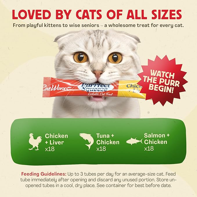 Catworx by Chewmasters Purrfect Squeeze Lickable Soft Cat Treats, 54 Pack - Creamy Purée Squeeze Tubes for Kittens and Adult Cats - Hand Feeding Snack or Food Topper - Training Reward, 0.53 Ounce
