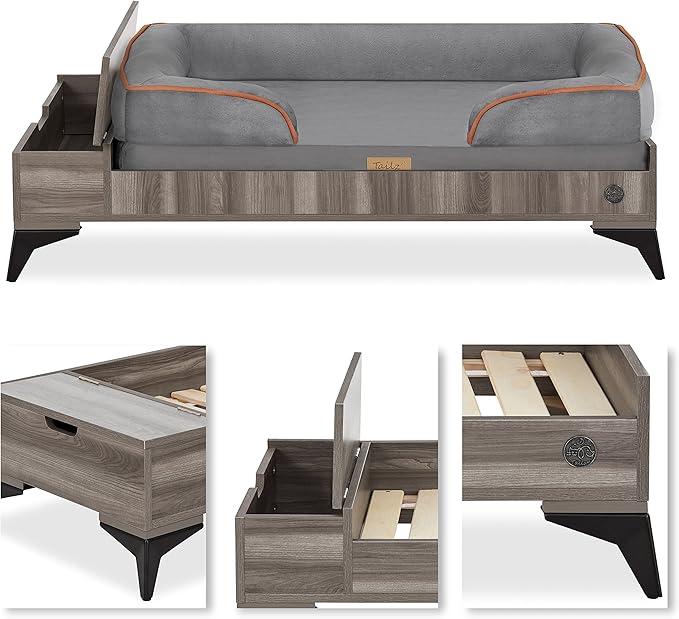 Wooden Dog Bed with Mattress, Large to Extra Large Water-Resistant Elevated Pet Bed, Wooden Pet Bed with Storage, Greenguard Gold Certified, Machine Washable, Smokey Grey, Wyatt - TailZzz