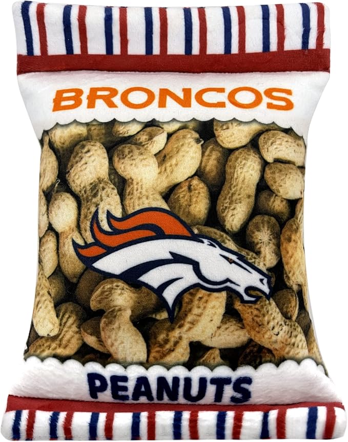 NFL Denver Broncos Crinkle FINE Plush Dog & CAT Squeak Toy - Cutest Stadium Peanuts Snack Plush Toy for Dogs & Cats with Inner Squeaker & Beautiful Baseball Team Name/Logo