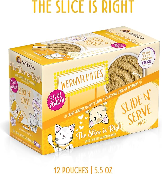 Weruva Wet Cat Food, The Slice is Right with Wild Caught Salmon Pate, 5.5oz Slide N Serve Pouch, Pack of 12