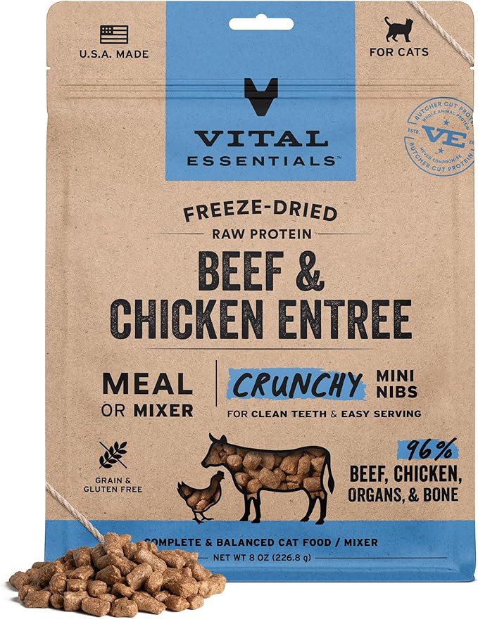 Vital Essentials Freeze Dried Cat Food, Raw Beef & Chicken Crunchy Mini Nibs | Complete Meal or Topper | 96% Beef, Chicken, Organs & Bone | High Protein, Grain Free Dry Cat Food | 8 oz Bag