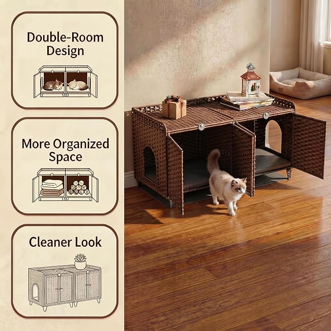 Cat Litter Box Enclosure Furniture, Handwoven Rattan Cat Houses, Hidden Cat Washroom Furniture with Door/Mat, Large Space Cat Houses with S-Shaped Hooks, Living Room, Bedroom, Brown