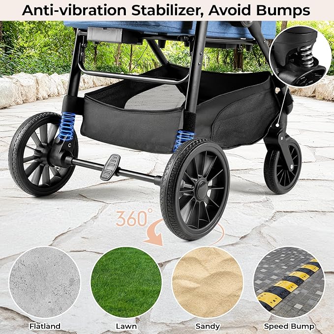 MAMIZO Pet Stroller for Medium Dogs Cats Up to 55 lbs, All-Terrain 3-in-1 Dog Stroller with Detachable Carrier, Rubber Wheels, One-Click Folding, Storage Basket & Cup Holder, for Senior Dogs & Cats