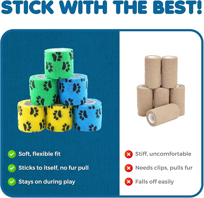 SunGrow Cat Self-Adhesive Bandage, Wound Care, Cuts, Post-Surgery, Hot Spots, 2”(W), Stretchable from 4” to 7”, Breathable Vet Wrap Gauze, 2 Rolls Per Color (Yellow, Blue, Green), 6 Pcs Per Pack 
