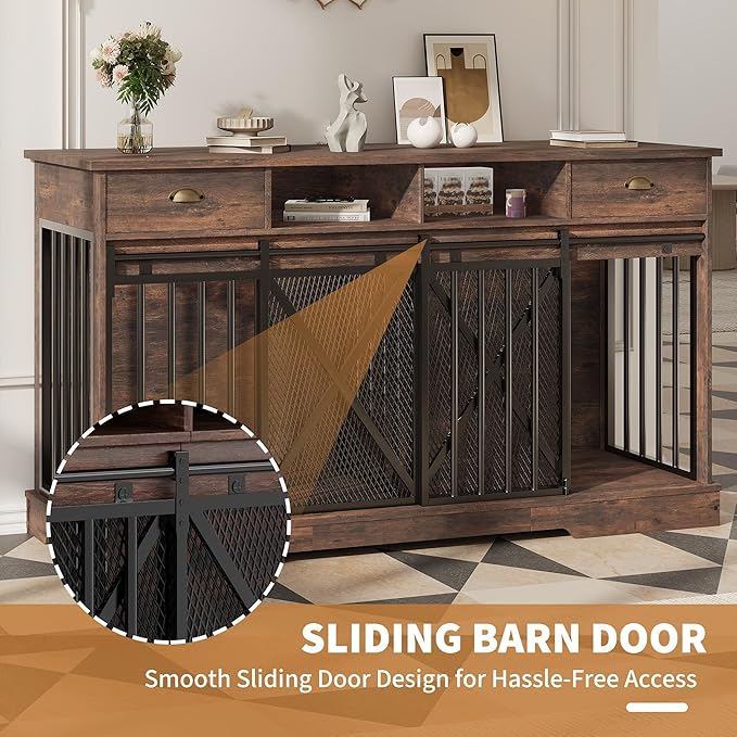 Double Dog Crate Furniture, 63 Inch Heavy-Duty Dog Kennel with Center Divider, Sliding Doors, Drawers and Open Shelves, Indoor Dog House for Living Room, Retro Brown