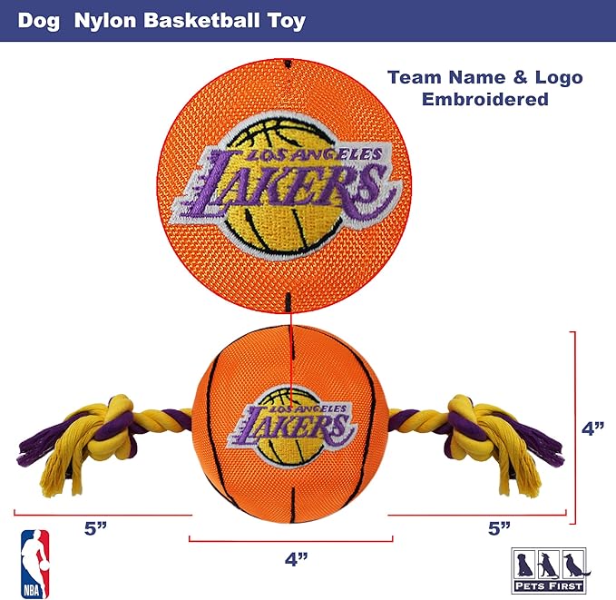 Pets First NBA LOS ANGELES LAKERS Basketball Toy. - Tough Nylon Pet Toy with Tug Ropes & inner Squeaker, One Size, LAK-3105
