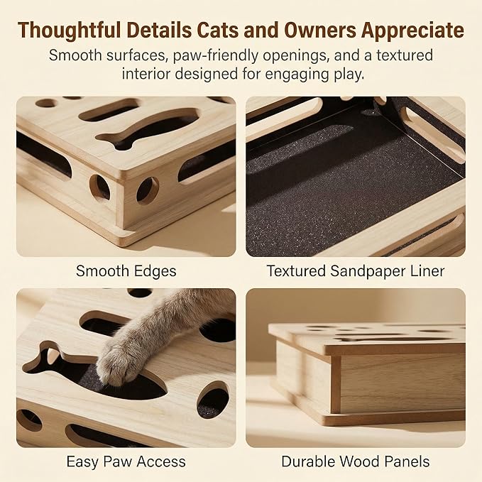 Cat Scratch Puzzle Box, Cat Nail File Box, Cat Enrichment Toy for Indoor Cats, Solid Wood Treat Puzzle Maze with Built-in Sandpaper, Stable Lock-Fit Interactive Claw Care Toy