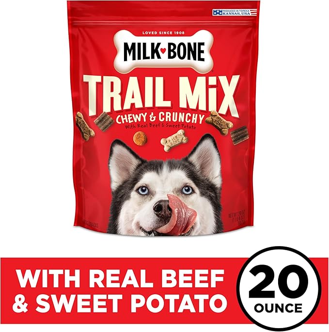 Milk-Bone Trail Mix Chewy & Crunchy Dog Treats,Real Beef & Sweet Potato,20 Ounce,(Pack of 4)