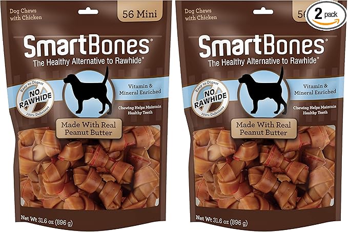 SmartBones Mini Bones with Real Peanut Butter, Rawhide-Free Chews for Dogs 56 Count (Pack of 2)