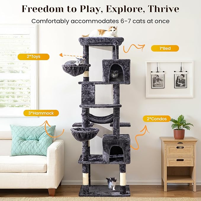 Large Cat Tree with Scratching Posts, Bed, Hammocks & Condos – Multi-Level Cat Tower for Playful Cats, 74" Modern Jungle Gym for Multiple Cats, Grey