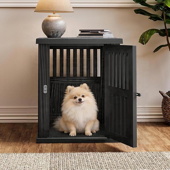 Fancyango 30-Inch Dog Crate Furniture End Table - Decorative Corner Dog House Table for Small to Medium Dogs, Indoor Plastic Dog Crate with Lockable Latch (Black, 29.5" L x 21" W x 25.2" H)