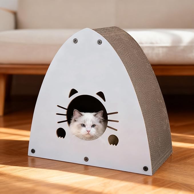 CSR1006G Koko 19" Modern Cardboard Triangle Cat Cave Scratcher with Catnip, Gray, 2-in-1 Corrugated Cat House Hideaway & Scratching Board for Cats, Durable Furniture Protector