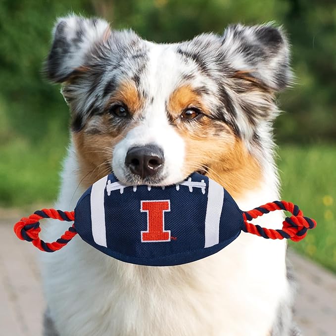 NCAA Illinois Fighting Illini Football Dog Toy, Tough Quality Nylon Materials, Strong Pull Ropes, Inner Squeaker, Collegiate Team Color