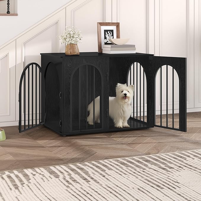 Hzuaneri 31.5'' Wooden Dog Crate Furniture, Indoor Dog Kennel Dogs Cage for Small/Medium Dogs, Heavy Duty Dog Crates Decorative Pet House End Side Table TV Stand, Black DFC85104B