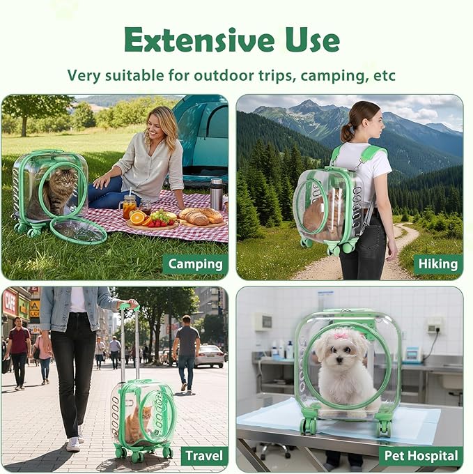 Cat Carrier Backpack with Silent Wheels, Clear Cat Stroller with Ventilation Holes, Telescopic Handle, Convenient Portable Cats Dogs Backpack for Travel (Green-B)