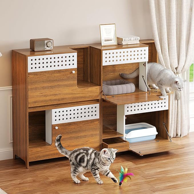 GDFStudio 44" Modern Cat Litter Box Enclosure Furniture, 2 in 1 Cat Furniture Set with Storage Shelf and Flip Door, Wooden Indoor Cat House, Space Saving Pet Furniture, Brown